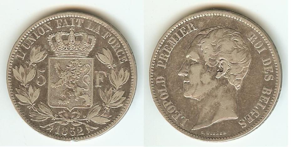 Belgium 5 Francs 1852 gF